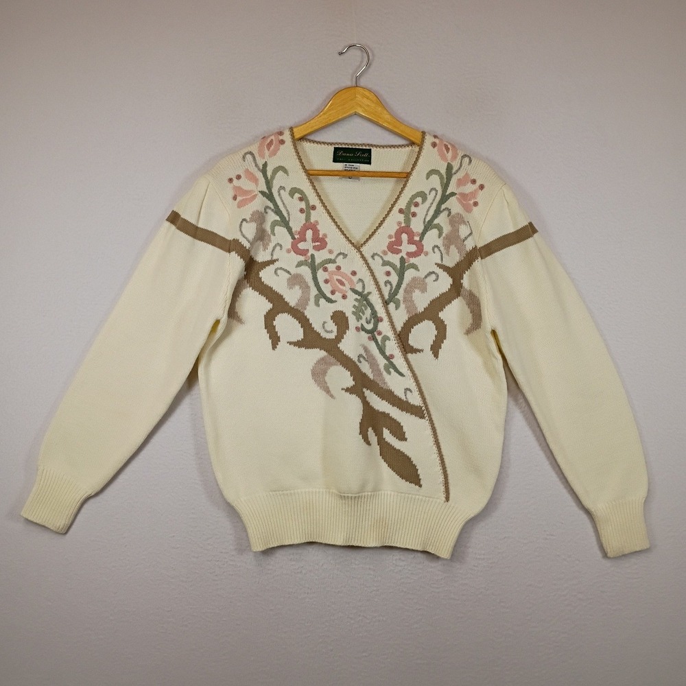Cottagecore Dana Scott Womens Large Cream Floral Embroidered Faux Wrap Sweater
